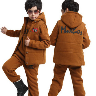 加厚加绒外套马甲卫衣棉衣儿童 2013新款冬装男孩三件套 棕色 150码